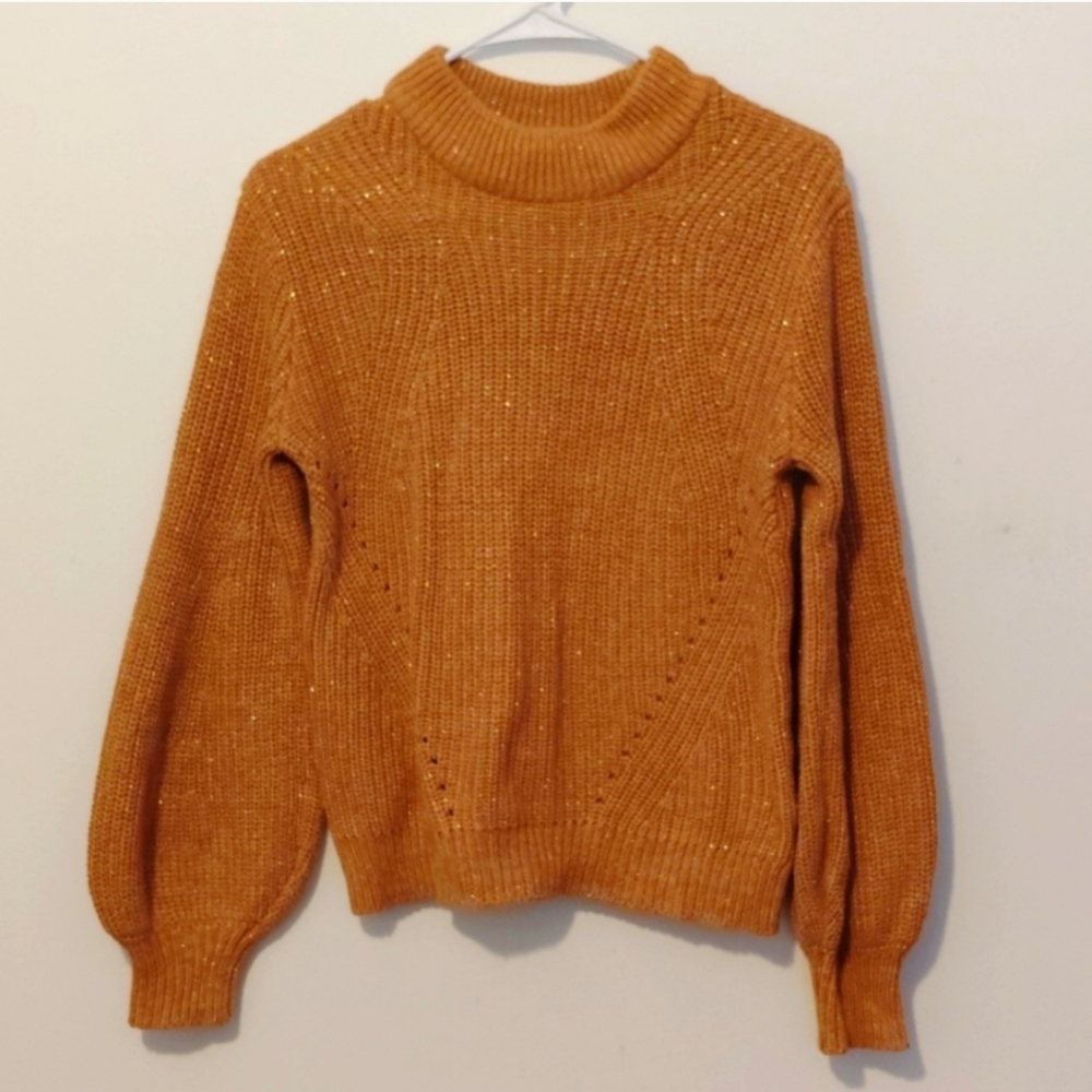 H&M Tan with Gold Metallic Sweater with Balloon Sleeve Size XSmall